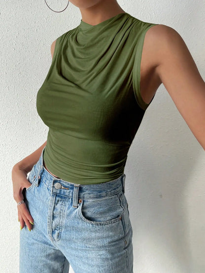 Women's Casual Pleated Design Top Summer Fashion Street Style Solid Color Slim Half High Neck Sleeveless T-Shirt Top
