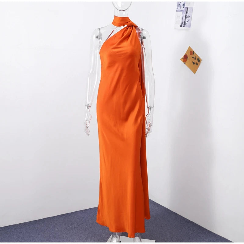 Elegant Solid Ribbon Women Halter Dress Off Shoulder Sleeveless Backless Slim Female Maxi Dresses 2025 Summer New Chic Lady Robe