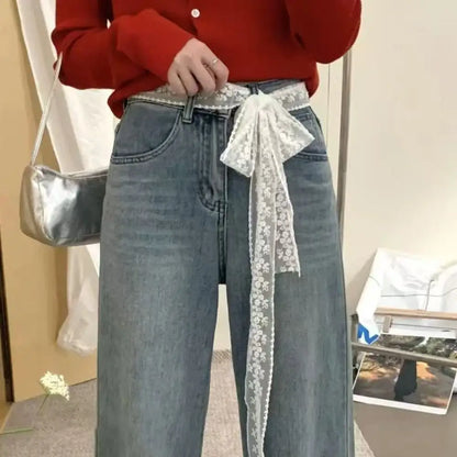 Unique Y2k Long Lace Waistband Bow Thin Lace Waist Belt Floral Tie Up Dress Jeans Belt Streetwear