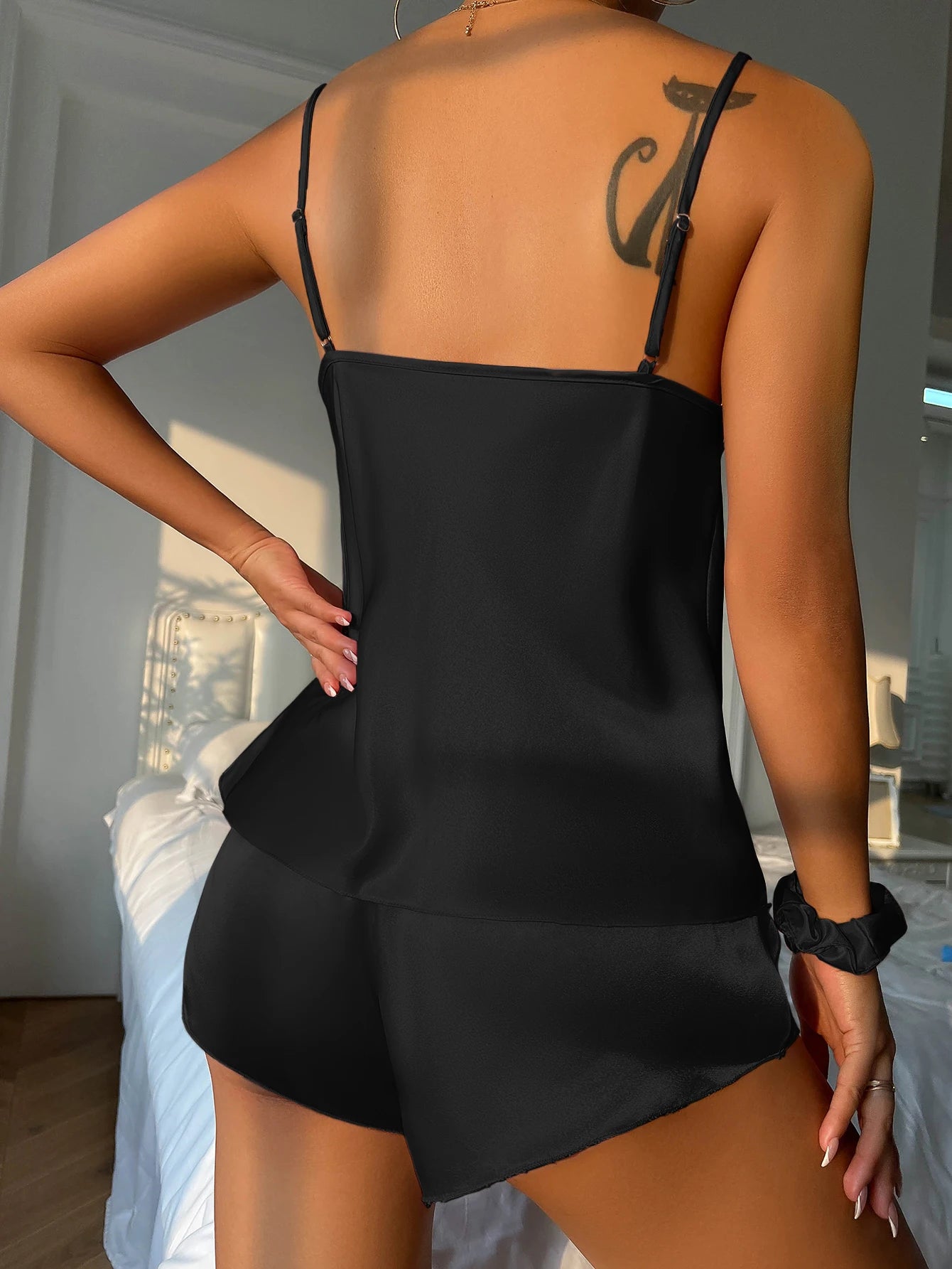 Solid Satin Pajama Set  V Neck Cami Top   Elastic Waistband Shorts  Women's Sleepwear   Loungewear