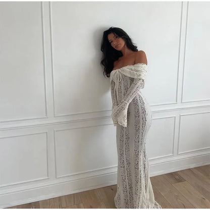 Elegant Cut Out Flared Long Sleeve Maxi Dress Women's Lace Up Hollow Out Off Shoulder Bodycon Vestidos 2025 Lady Outwear Vestido