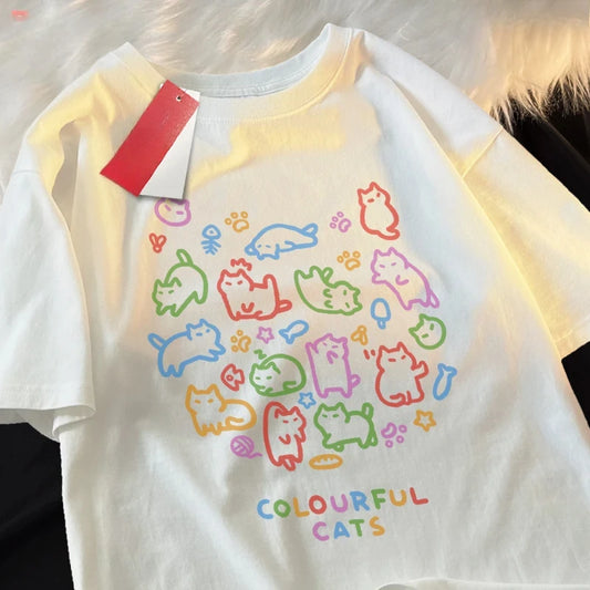 Colorful Cat Baby Pure Trendy Summer Loose Short Sleeved T-shirt Men Women Original Colorful Cat Pose Cute Tees Couple women