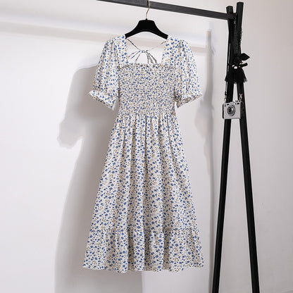 Summer Pleated Women Chiffon Dresses Casual Beach Holiday Short Sleeve Square Collar Woman Midi Dress Bohemian Mujer Vestidos