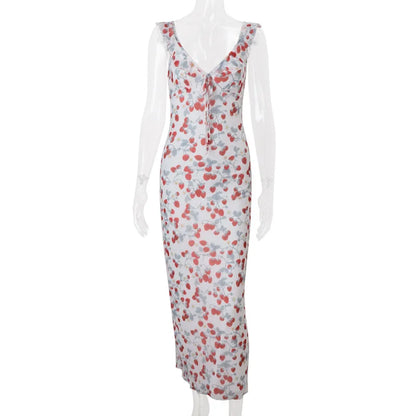 Cryptographic Summer Floral Print Plunge Maxi Dress Outfits Sexy Backless Fairy Sun Dresses Vacation Beachwear Vestido Coquette