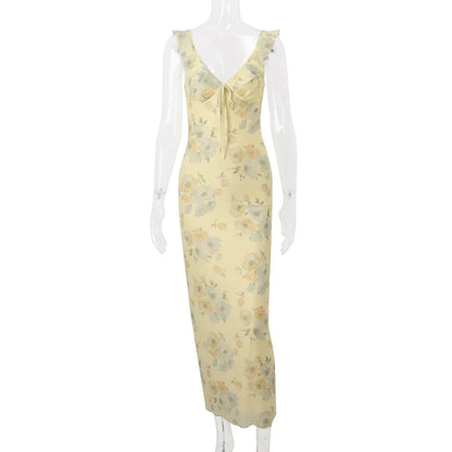 Women's Floral Cami Dress Slim Tie Bow Deep V Neck Backless Ruffle Spaghetti Strap Long Bodycon Dress for Party Club