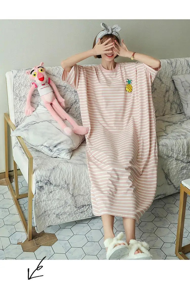 Summer Pajama Dress Female Short-Sleeved Cartoon Homewear Lengthened Plus Size Striped Student Pajamas Easy To Wash Long Clothes