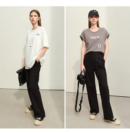 AMII Minimalism Casual Pants for Women 2025 Spring Wide Leg New Loose Vertical Elastic Waist Drawstring Sporty Trousers 12343338