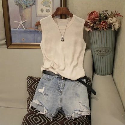 Korea Knitted Vests Women Top Summer Sleeveless Blouse Women O-neck Knitted Blouse Shirt Clothes Women Tops