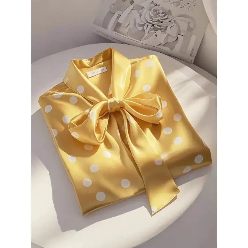 Women High Quality Satin Polka Dot Print Shirt Office Lady Business Casual Elegant Chic Blouse Lace-up Bow Long Sleeve Loose Top