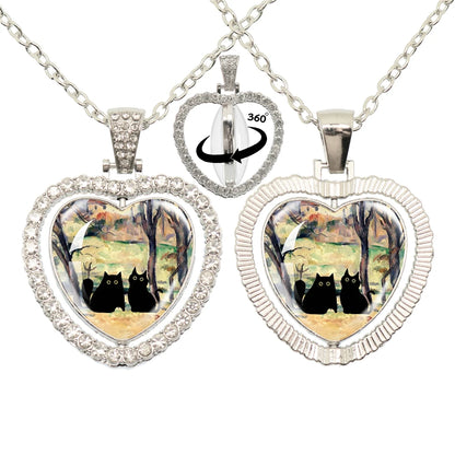 Lovely Little Cat Glass Cabochon 360 Degree Rotating Heart Shaped Pendant With Double-Sided Necklace For Girls' Birthday Gift Je