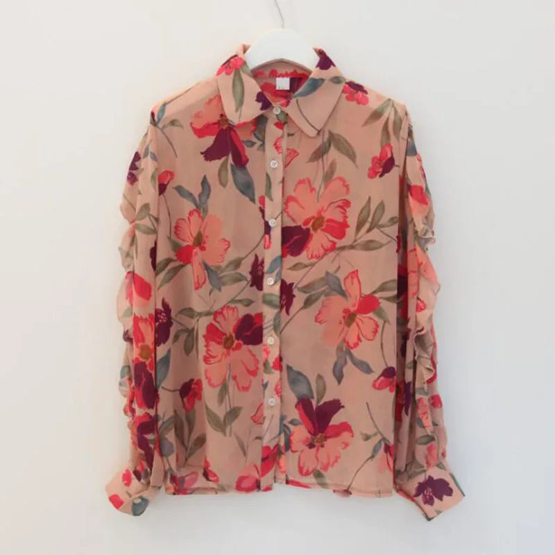 1pc Spring Fall Casual Chiffon Floral Print Sleeve Lapel Button-up Vintage Elegant Transparent Thin Slim Fit Blouses