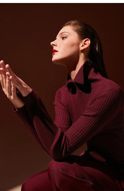 Amii Minimalism 2024 Sweater for Women Autumn New Office Lady Basic Lapel Striped Slim Knitted Tops Solid Trendy Blouse 12444058