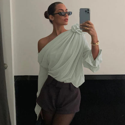 WhereMery Sexy Irregular Oblique-neck Flower Applique T Shirt Summer Off Shoulder Fashion Long Sleeve Crop Tops Street Mesh Tees