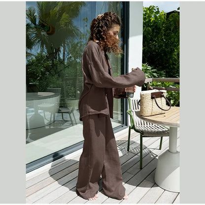 Women Classic Solid Wide Leg Pants Suits Summer Fashion V-neck One Button Loose Blouse Sets Casual Female Daily Streetwear 2025