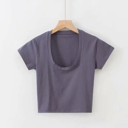 U-Neck Crop Top Solid Color Women Casual High Waist T Shirt Basic Sexy Streetwear Short Sleeve Slimming Tops