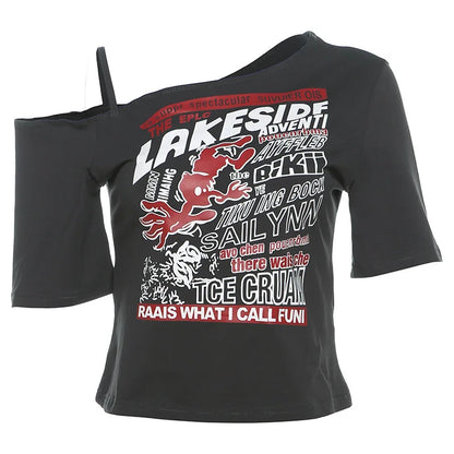 Gothic Tee Y2k Letter Print Off Shoulder Punk T-shirts Women Harajuku Summer Streetwear Grunge T Shirt Aesthetic Sexy Crop Tops