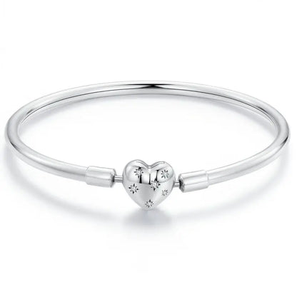 BAMOER Genuine 925 Sterling Silver Charm Glossy Bracelet Heart/Shell Clasp Basic Bangle Star Spacer Beads for Women DIY Jewelry