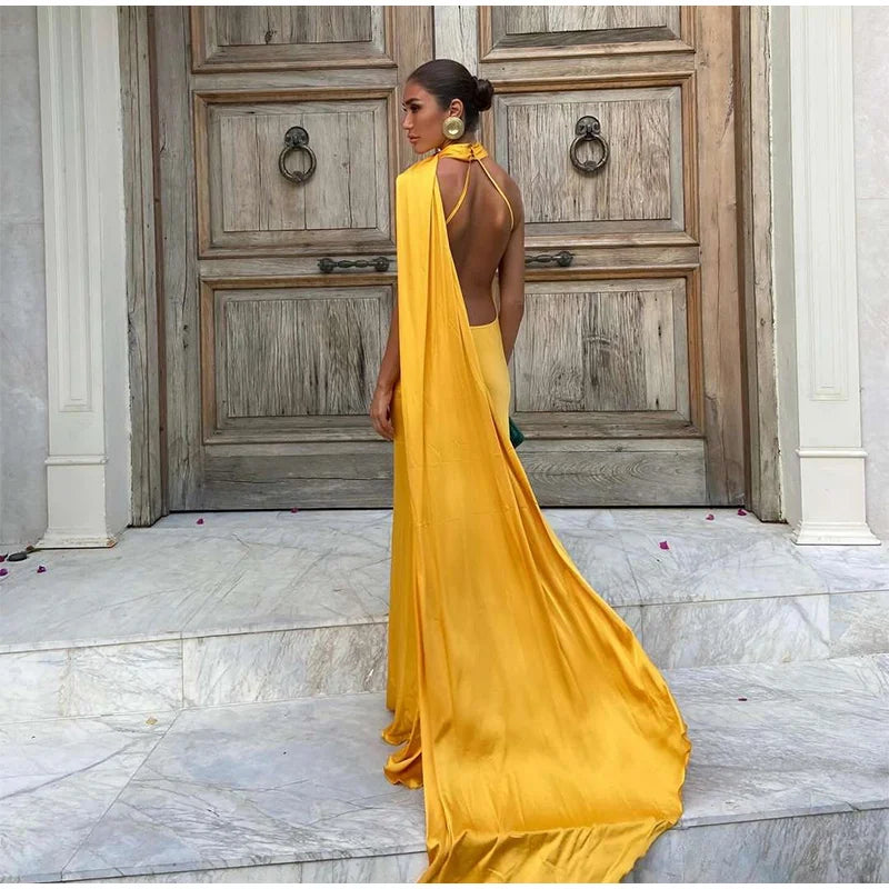 Elegant Solid Ribbon Women Halter Dress Off Shoulder Sleeveless Backless Slim Female Maxi Dresses 2025 Summer New Chic Lady Robe