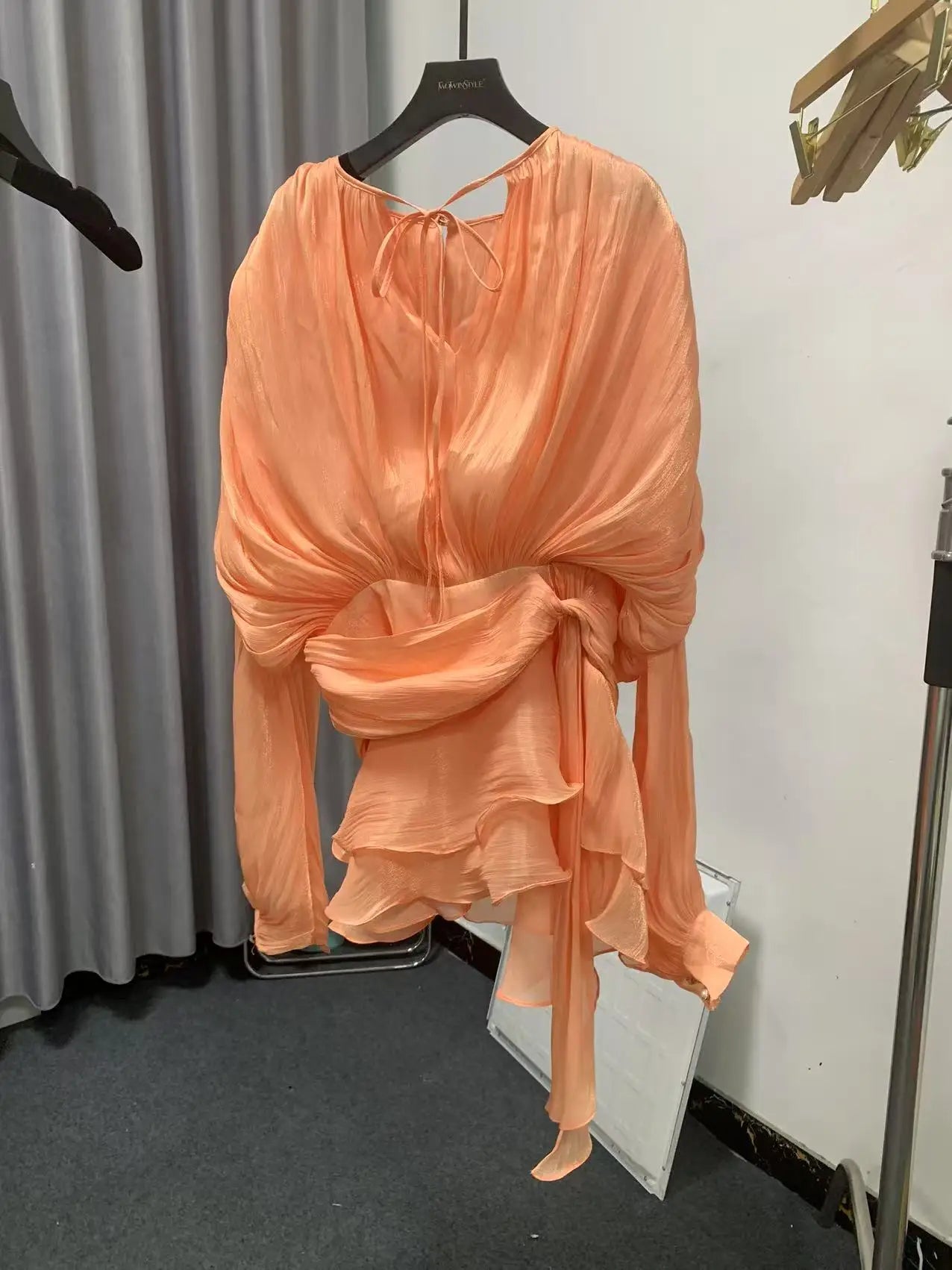 GALCAUR Solid Loose Splicd Lace Up Dresses For Women V Neck Long Sleeves Patchwork Ruffles Tunic Dreses Female Fashio New