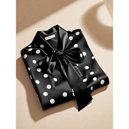 Women High Quality Satin Polka Dot Print Shirt Office Lady Business Casual Elegant Chic Blouse Lace-up Bow Long Sleeve Loose Top