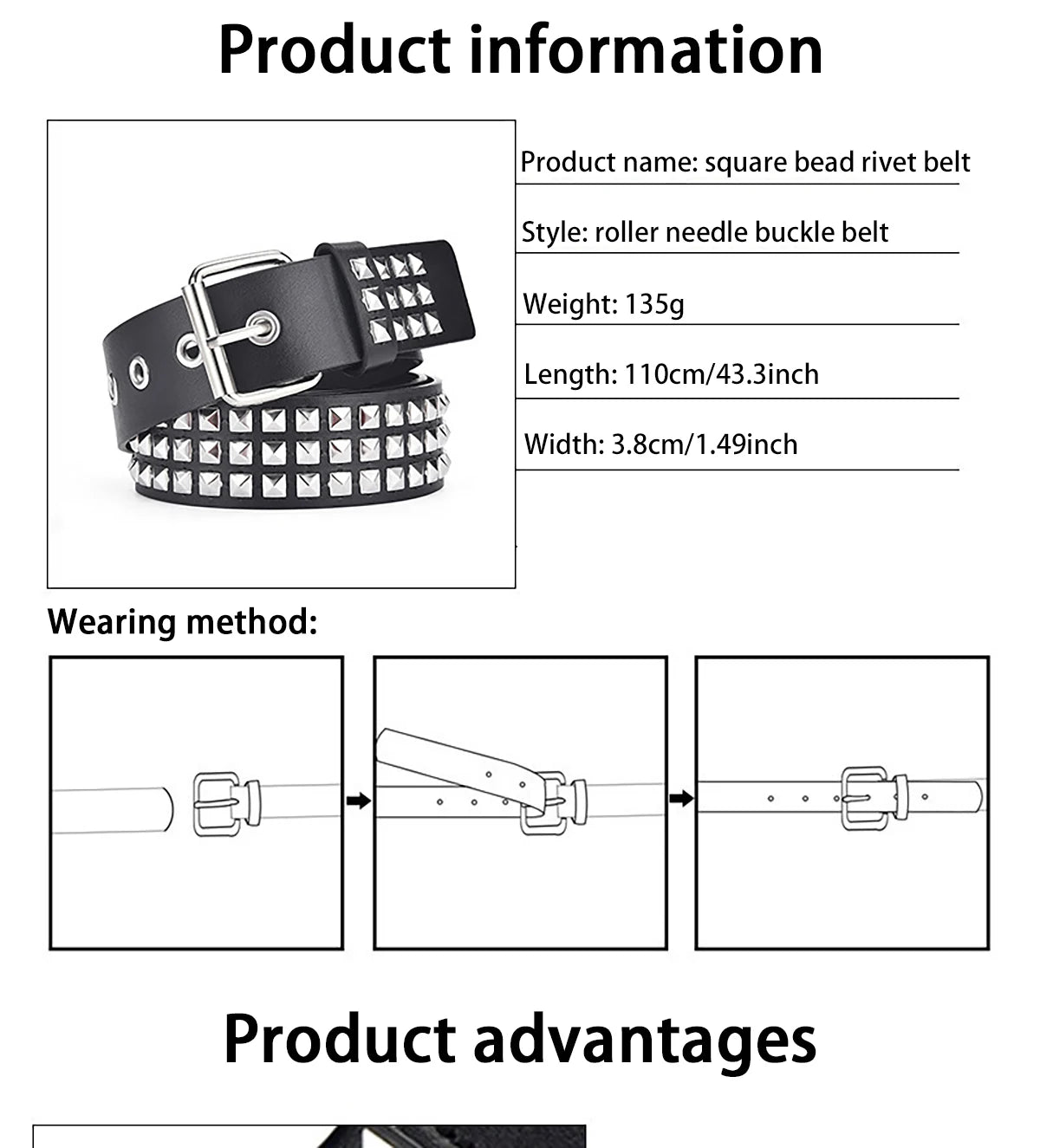 Fashion New Square Bead Rivet Belt Metal Pyramid Belt Men and Women Punk Hardware Jeans Belt Y2K Belt Designer Belt Women's Belt