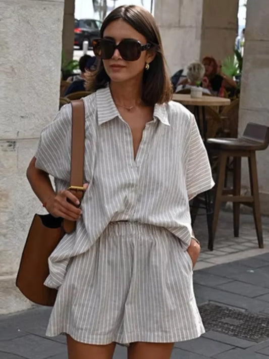 Women Elegant Stripes Cotton Linen Loose Shirt Shorts Suits Fashion Lapel Half Sleeves Elastic Waisted Shorts Summer Lady Outfit