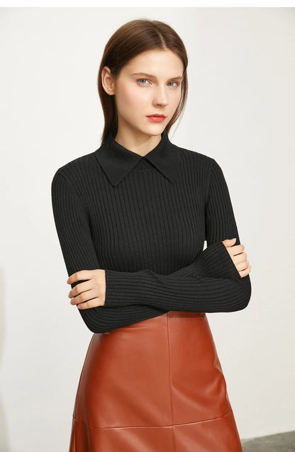 Amii Minimalism 2024 Sweater for Women Autumn New Office Lady Basic Lapel Striped Slim Knitted Tops Solid Trendy Blouse 12444058