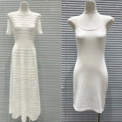 CHUJIE Women's 2025 Summer Lace Trim Dress Set - Round Neck Short Sleeve Midi Dress + Slip Dress 2 Piece Set (Rayon Nylon Blend)