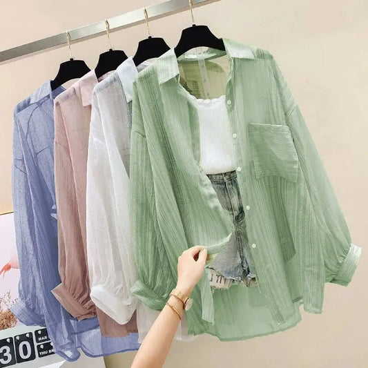 Summer sunscreen chiffon blouse Korean Harajuku style loose casual women's cardigan elegantly perforated top sheer fashionable