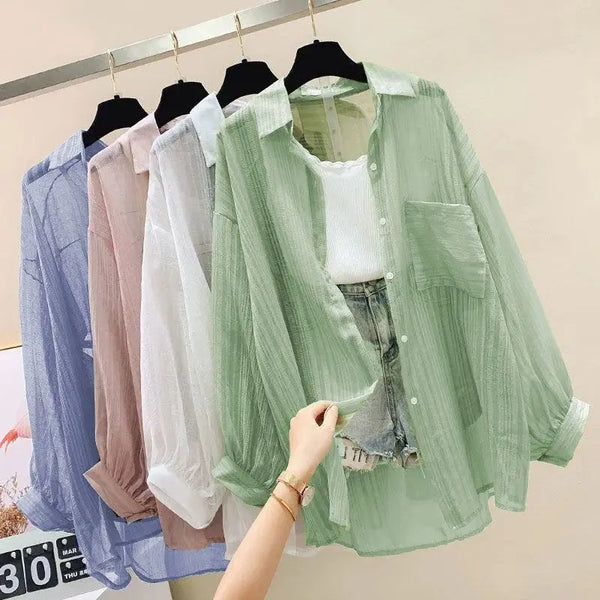 Summer sunscreen chiffon blouse Korean Harajuku style loose casual women's cardigan elegantly perforated top sheer fashionable