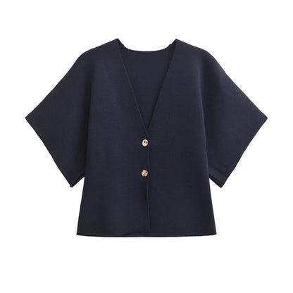 2024 European and American style autumn new women's fashion simple style casual plain needle short sleeve V neck knitted top