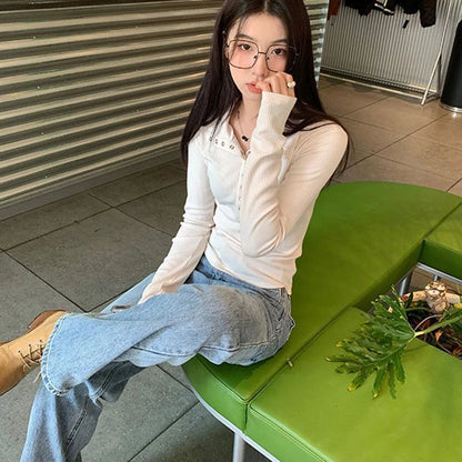 Fall Winter Long Sleeve Knit Pullovers Woman Y2K High Street Button Up Sweaters for Women Vintage Gray Ribbed Bottoming Tops