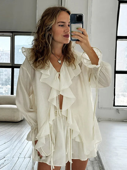Fashion Solid Women 2 Piece Set Casual Flare Sleeve Lotus Leaf Edge Lace Up Mesh Sheer Shorts Suit 2025 New Lady Commute Outfit