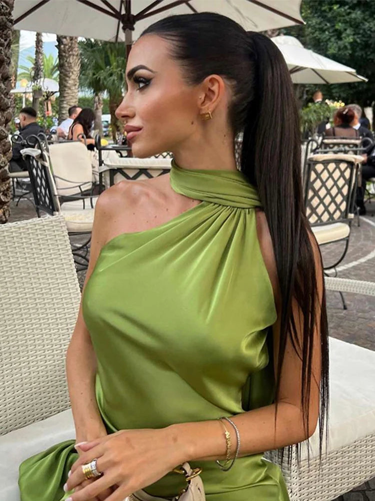 Elegant Solid Ribbon Women Halter Dress Off Shoulder Sleeveless Backless Slim Female Maxi Dresses 2025 Summer New Chic Lady Robe