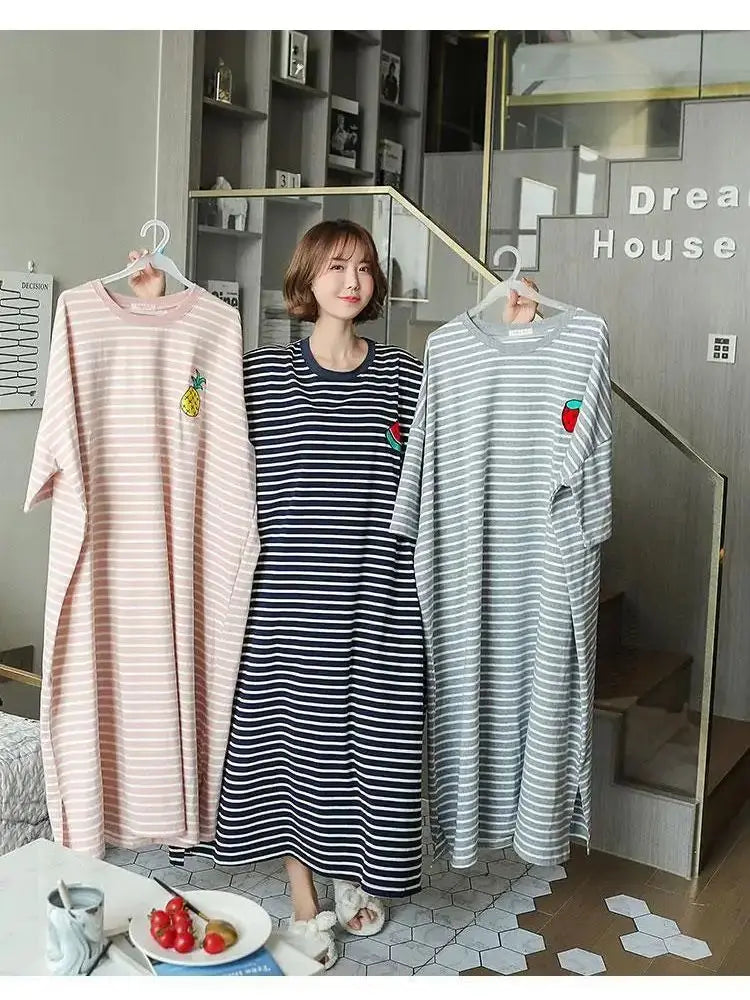 Summer Pajama Dress Female Short-Sleeved Cartoon Homewear Lengthened Plus Size Striped Student Pajamas Easy To Wash Long Clothes
