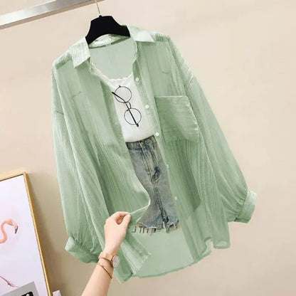 Summer sunscreen chiffon blouse Korean Harajuku style loose casual women's cardigan elegantly perforated top sheer fashionable