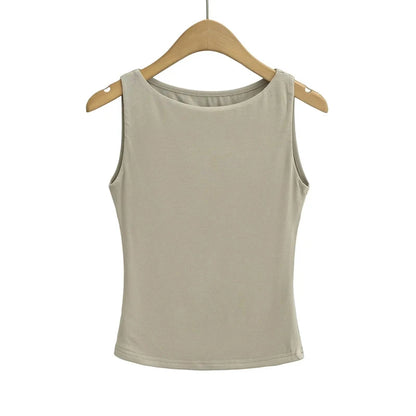 Women Double Layer Boat Neck Soft Slinky Tank Top