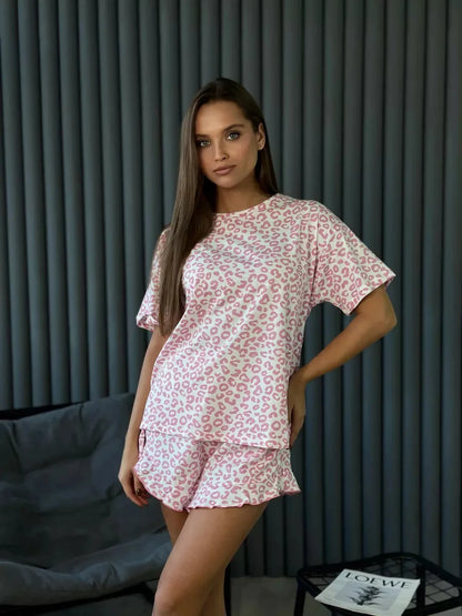 Women's Fashion Models Leopard Print Sexy Hottie Round Neck Short Sleeve Shorts Suit Pyjamas Homewear