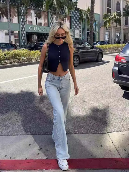 White Knit Crop Top Women Button Short Tops Woman 2025 Summer Tanks Camis Tops for Women Streetwear Vest Tank Top Female