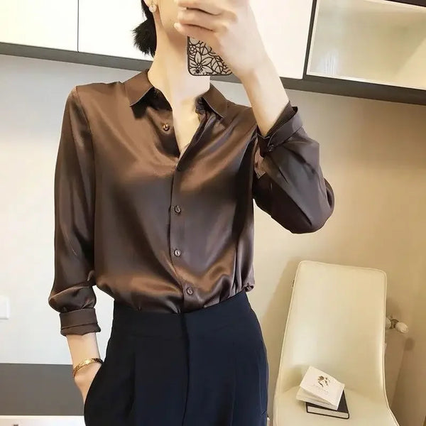 Silk Brown Clothes Wear To Work Office Outfits Long Sleeve Purple Spring Formal Tops for Women Satin Womens Shirt & Blouse Cool