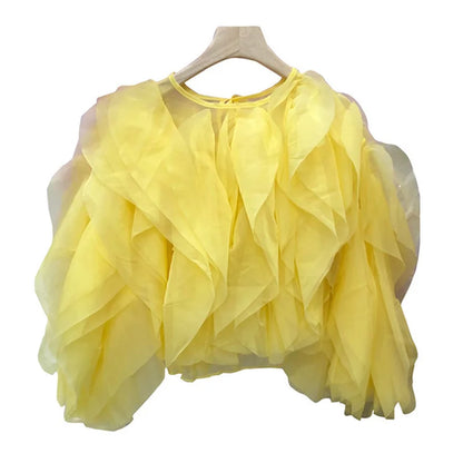 TWOTWINSTYLE Vintage Patchwork Ruffle Shirt For Women O Neck Lantern Long Sleeve Solid Elegant Blouse Female Fashion New Style