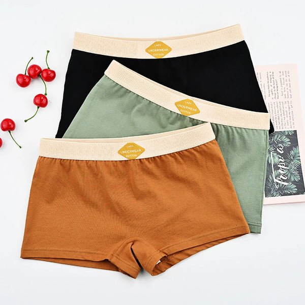 3PCS/Pack 100% Cotton Multicolor Solid Women's Boxer Knit Breathable Panties Underwear Soft High Elastic Mid-rise Thin Boyshorts