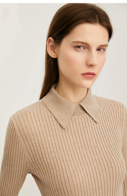Amii Minimalism 2024 Sweater for Women Autumn New Office Lady Basic Lapel Striped Slim Knitted Tops Solid Trendy Blouse 12444058