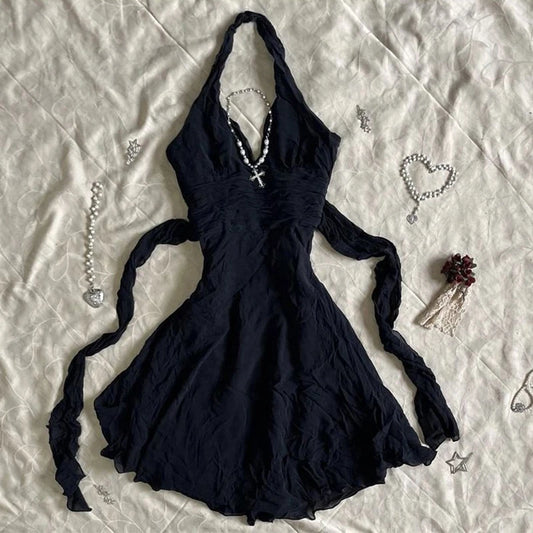 Gothic Harajuku Vintage Y2K Women's Dress Sexy Slim Chic Casual Lace-up Design Halter Neck Dresses Punk Rock Emo Girl Streetwear