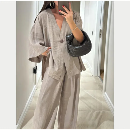 Women Classic Solid Wide Leg Pants Suits Summer Fashion V-neck One Button Loose Blouse Sets Casual Female Daily Streetwear 2025