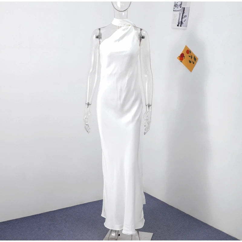 Elegant Solid Ribbon Women Halter Dress Off Shoulder Sleeveless Backless Slim Female Maxi Dresses 2025 Summer New Chic Lady Robe