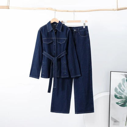 Women Two Pieces Set Denim Pant Sets Single Breasted Long Sleeve Belt Coat Wide Leg Trousers Jeans Female 2 Pieces Outfits