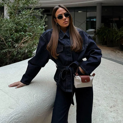 Women Two Pieces Set Denim Pant Sets Single Breasted Long Sleeve Belt Coat Wide Leg Trousers Jeans Female 2 Pieces Outfits