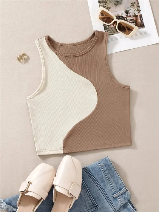 High Street Style Patchwork Rib Knit Sleeveless Crop Top Women Summer Y2K Clothes Korean Fashion Tank Top Tee Streetwear 2023
