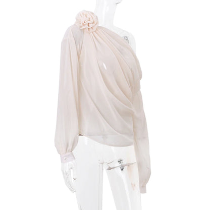 WhereMery Sexy Irregular Oblique-neck Flower Applique T Shirt Summer Off Shoulder Fashion Long Sleeve Crop Tops Street Mesh Tees